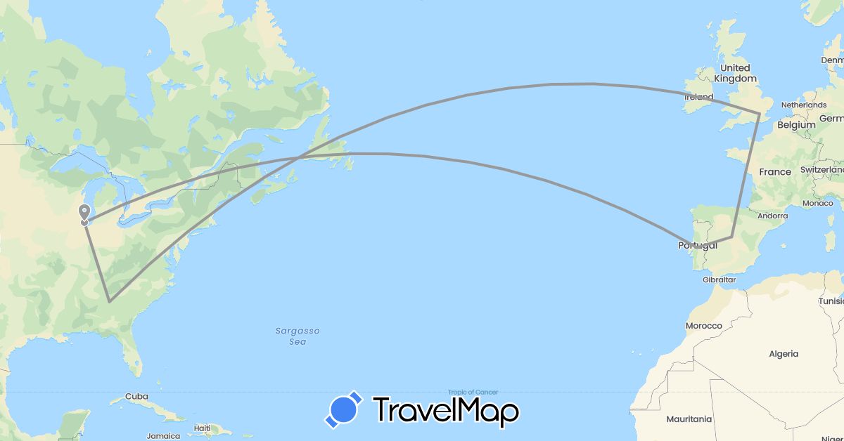 TravelMap itinerary: driving, plane in Spain, United Kingdom, Portugal, United States (Europe, North America)